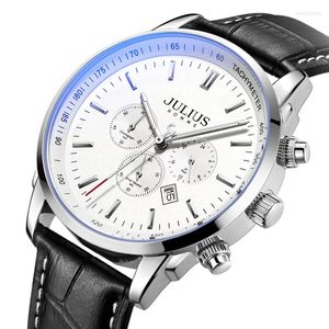Zegarek na rękę prawdziwy wielofunkcyjny auto data chronografu męski zegarek Japan Quartz Man Hours Godzinna skórzana bransoletka Prezent Julius
