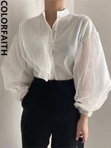 Damenblusen Hemden Colorfaith Patch Work Sheer Transparent Korean Fashion SpringSummer Damen Retro Elegantes Damen Top BL06620 230407