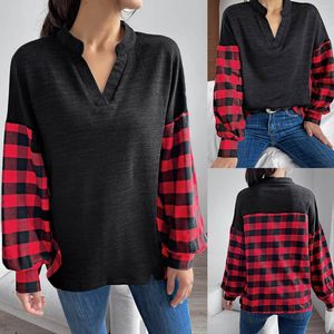 Women's Blouses Fashion Red Plaid Tunics Shirt Women Vintage Cotton Autumn Spring Long Sleeve V Neck Ladies Casual Tops Christmas