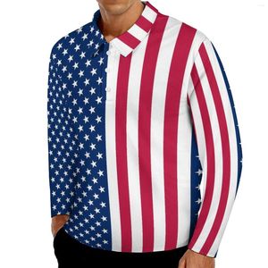Polo da uomo Polo con bandiera americana Polo a righe autunnali Stelle Camicia casual Manica lunga Colletto rovesciato Modello streetwear T-shirt oversize