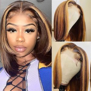 Brazilian Human Hair Bob Wig Highlight 4/27 Straight Lace Front Wigs Middle Part 150% Density 8-16 inch