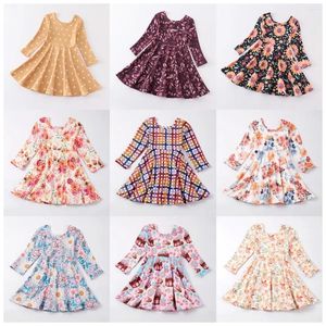 Vestidos de menina girlymax outono bebê meninas chlidren crianças roupas leite seda floral abóbora impressão twirl vestido na altura do joelho manga longa