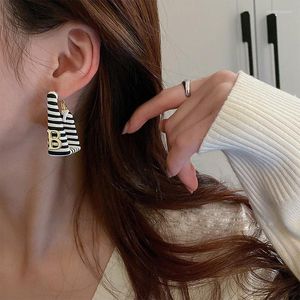 Dangle Earrings Vintage Leather Black White Striped Letter B Rectangular PU Geometric Square Hoop For Women Jewelry