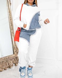 Kvinnors tvådelade byxor Peice Set för kvinnor matchande uppsättningar Elegant casual denim Print Pocket Design Långärmad hoodie -mode