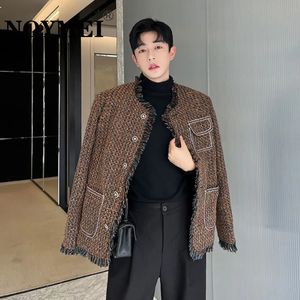 Men's Jackets NOYMEI Tweed Brown Woven Suit Jacket Damaged Rough Edges Men Round Neck Metal Button Coat Autumn 2023 Small Fragrance Top WA2921 231107