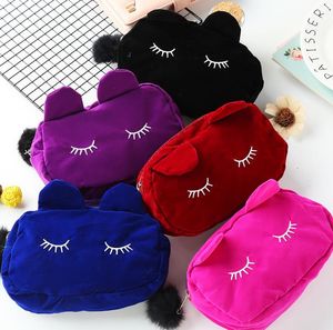 Portable Cartoon Cat Makeup Storage Cosmetic Flannel Plush Bag Multi-funzione Pen Pouch Case Home Storage Housekeeping