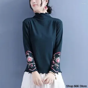 Etnik Kıyafet Sonbahar Kış Baseat İnce Polar Gevşek Nakış T-Shirt Çin Geleneksel Kadın Kıvrımlı Yüksek Boyun Üst Soylu Gömlek
