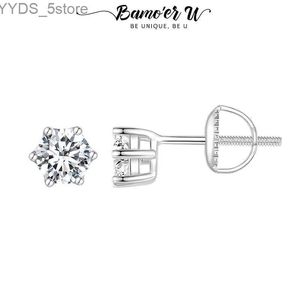 Stud Bamoer U 0,9ct D Färg VVS1 EX Moissanite Ear Stud S925 Skruvtråd Classic Round Cut Crown Earring Lab Diamond Women Jewelry YQ231107