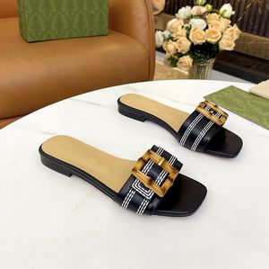 Woman Slide Sandal With Bamboo Buckle Slippers Black Emerald Leather Sandals Flat Slides Summer Beach Footwear Embroidered Trim