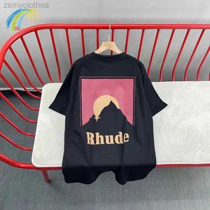 Herr t-shirts 2023 ny månsken solnedgång trycker rhude svart vita t-shirts män kvinnor par älskare casual rhude tee kort ärm