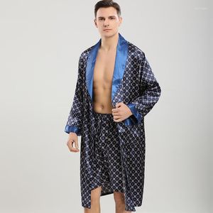 Men's Sleepwear Men Pajamas Satin Kimono Robe With Pants Two-pieces Bathrobe Trousers Suit Spring Summer Print Long Sleeve Nightwear