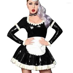 Seksowne kostiumy Kobiety długie rękaw błyszczące pvc pokojówka pokojówka halloween cosplay kostium Sissy Faux skóra plus rozmiar sukienki S-7xl z fartuchem