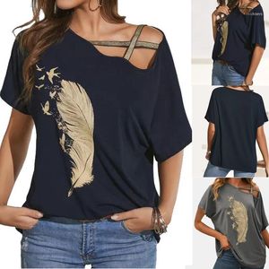 Kadın Tişörtleri Kadın Gömlek Tüy Basılı Yaz Kısa Kollu Tee Tepins Sequins Omuz içi oyuk yukarı harajuku pamuk