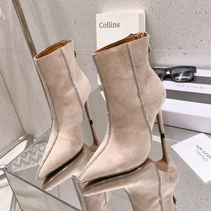 Aquazzura Boots Sergio Ankle Ross Rhinestone Sheepskin Suede Stiletto High Heels Women's Booties Luksusowe projektant