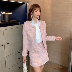 Two Piece Dress Arrival Fashion Pink Tweed Coat Mini Skirt Suit Autumn Winter Women's Jacket Business Elegant Tassels 2 Set 231107