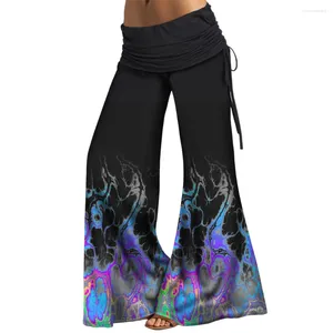 Women's Pants Casual Relaxed Flame Print Wide Leg Long Cinched Ruched Foldover Loose Flare