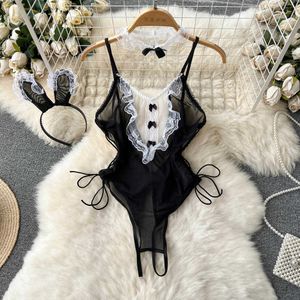 Nxy Women Cosplay Sexy Bodysuits Fashion Sleeveless Ruffles Thin Lace Rompers Korean Transparent Backless Short Playsuits 230328