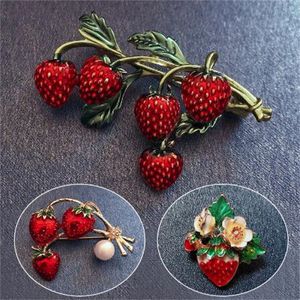 Enamel Strawberry Brooches Fruit cute flower strawberry girl brooch enamel silk scarf buckle clothing DIY Hat Bag Accessories GC2021