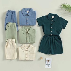 Clothing Sets Kids Boys Girls Cotton Linen Clothes Set Summer Casual Short Sleeve Button Closure Shirt Tops Elastic Waist Shorts 2pcs