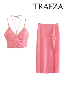 Work Dresses TRAFZA Summer Fashion Casual Pink Folds Camis Sleeveless Backless Top Women's Elegant High Waist Midi Split Skirt Two-Piece Set