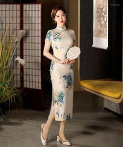 Abbigliamento etnico Sexy manica corta peonia stampata in raso cinese donna cheongsam stile lungo Qipao abito da ballo abito da sera