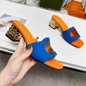 Designer, förreglade G Cut-Out Slide Tofflor, Damer Sandal Platta Sandaler Läderbyxor Casual Beach Flip-flops Blå och orange mocka Dam sliders 35-43