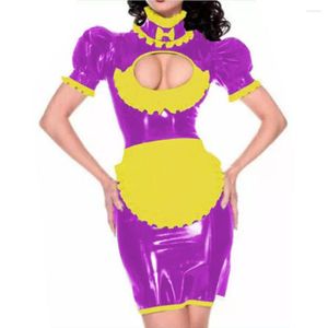 Seksi kostümler sissy pvc leathe elbise kilitlenebilir üniforma fransız hizmetçi cosplay cosplay ıslak giysiler clubwear puflu manşon parlak pu süslü elbiseler