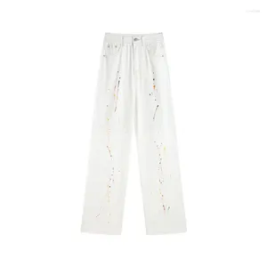 Damen Jeans Weiß Splash-Ink Für Frauen Herbst Hohe Taille Gerade Hosen Lose Design Hosen Baggy Personalisierte Street Style