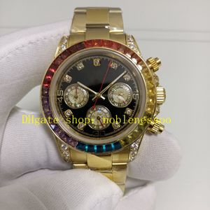 2 Style Real Photo Chronograph Watches Mens 40mm 116595 Quartz Chrono Yellow Gold Black Dial Rainbow Diamond Movement Men's 116598 Sport Watch Wristwatches