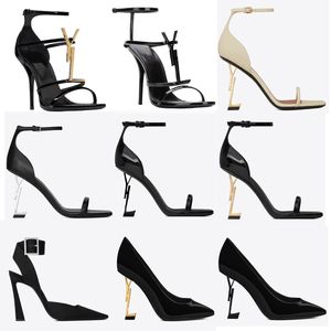 2023 Sandaler High Heels Saint Laurent Luxurvs Designer Shoes Heels Paris Dress Classics Women 10cm8cm klackar Black Golden Gold Wedding Bottar med låda storlek 35-41