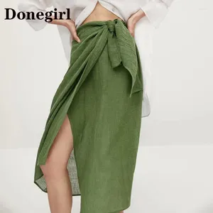 Saias Donegirl 2023 Mulheres Saia Verde Linho Algodão Envoltório Midi Vintage Senhoras Cintura Alta Faldas Mujer Boho Ubrania Y2K Acessórios