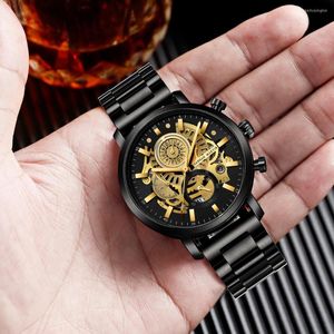 Wristwatches Business Skeleton Watch For Men Top Engraving Hollow Wristwatch Waterproof Steel Band Carved Clock Ins Style