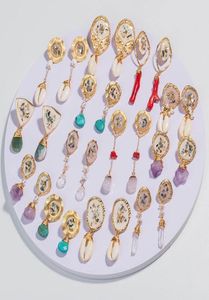 Frauen-Naturstein-Perlen-Ohrringe Reiki-Edelstein-unregelmäßiger baumelnder Haken-Tropfen-Ohrring-Weinlese-mehrfarbiger weiblicher Shell-Harz-Korallen-Jewelr6101432