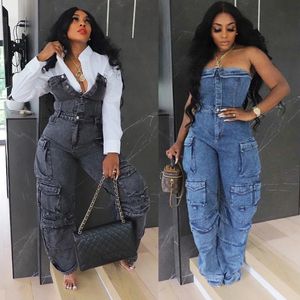 Kvinnors jumpsuits rompers sexig denim jean jumpsuit 2023 kvinnor vinterkläder y2k streetwear pocket baggy pant bodysuit 231106