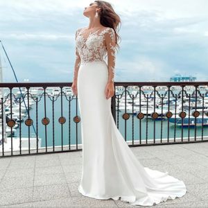 Boho Mermaid Wedding Dress 2024 Long Sleeves Sheer Scoop Neck Applique Satin Buttons Back Beach Bridal Gowns Sweep Train Robe De Mariee