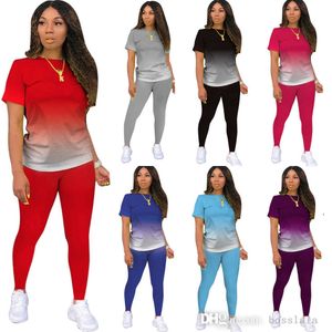 Plus Size Women Clothes Gradient Tracksuits Designer 2 Piece Pants Set Casual Sports Short Sleeve T Shirt Leggings Outfits