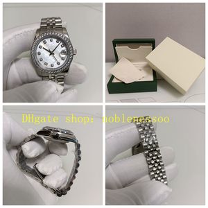 Echtes Bild mit Box, Damen-Automatikuhr, 31 mm, weißes Perlmutt-Zifferblatt, Diamant-Lünette, 68274 Stahl-Damenarmband, 278274 mechanische Uhren
