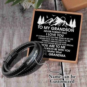 Bangle Sam3114 Grandma to May Grandson Name Can Be Customized Woven Bracelet Card Text Men's Fashion Magnet Clasp Multi-layer Leather YQ231107