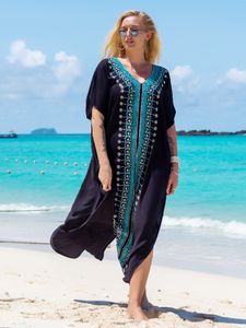 덮개는 우아한 자수 Kaftan Long Navy Blue Tuned Loose Fit Long Dress Women 's Summer Clothing Beach Suit Swimwear Cover Q1456 230406