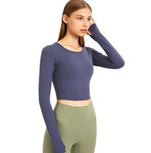 LU-09 Crop Tops Women Yoga T-shirts Solid Sports Top Long Sleeve Running Shirts Sexy Exposed Navel Quick Dry Fitness Gym Sport Wdfg