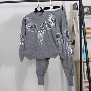 Kvinnors tvådelade byxor Fashion Sequins Brodery Sticked Tracksuits Women Outfits 2pc Loose Casual Pullover Sweater Pencil Set Kvinna