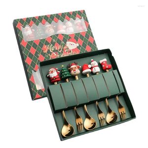 Yemek takımı setleri 4/6pcs Noel kahve kaşık çatalları seti paslanmazsteel meyve çatal tatlı kaşık kırmızı/yeşil hediye kutusu hediyeler çocuklar için
