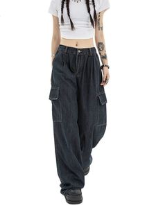 Dżinsowe dżinsy hajuku duże spodnie ładunkowe damskie japońskie ubranie uliczne luźne spodnie damskie dżinsowe spodnie 230407