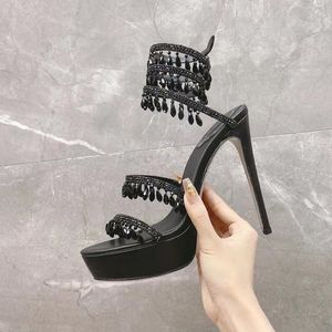 Rene Caovilla Sandals Rhinestone Chandelier Heels Snake Strass Stiletto Evening Shoes 12cm Cleo Women Platfor