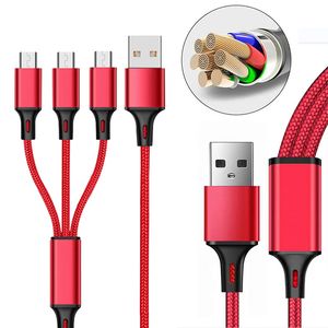 1,2m 3 em 1 Cabos de carregamento para Huawei LG Samsung Note20 S20 Micro USB tipo C com plugue de cabeça de metal Bag 838D