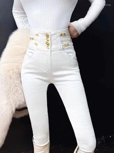 Jeans femininos streetwear mulheres luxo lápis calças calças branco preto magro cintura alta meninas ouro único botões