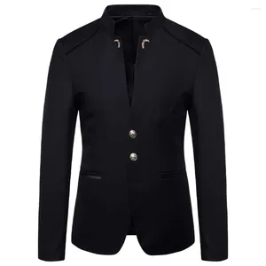 Ternos masculinos homens blazer casaco 2023 primavera moda botão decorativo estilo chinês fino ajuste gola sólida cor terno jaqueta