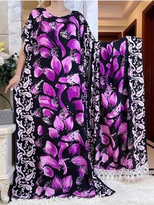 Roupas étnicas Vestido de festa de verão manga curta com lenço grande Shinning Impressão Floral Algodão Solto Boubou Maxi Islam Mulheres Africano Abaya