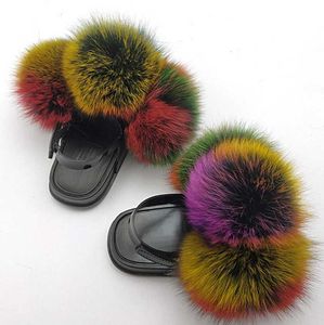 Slipper Kids Real Fox S Cute Raccoon Slides Fluffy S Toddler Baby Girls Fur Fric Summer Flops with Y2304