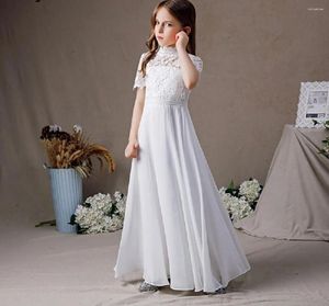 Abiti da ragazza Abito da prima comunione in pizzo bianco Collo alto Fiore lungo in chiffon Maniche corte Matrimonio da damigella d'onore